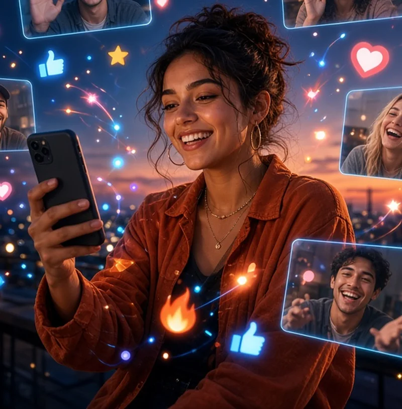 A woman on a rooftop at sunset video chatting with friends on her phone