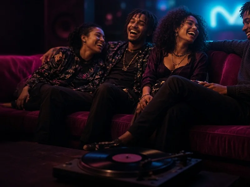 Friends laughing together on a velvet couch under pink neon